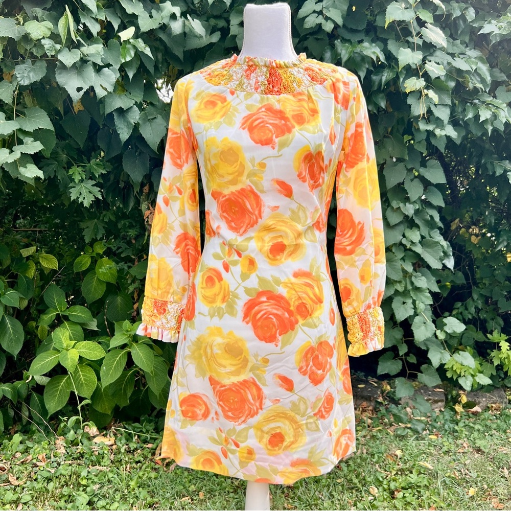 Vintage Vibrant Floral Mini Dress - Orange and Yellow